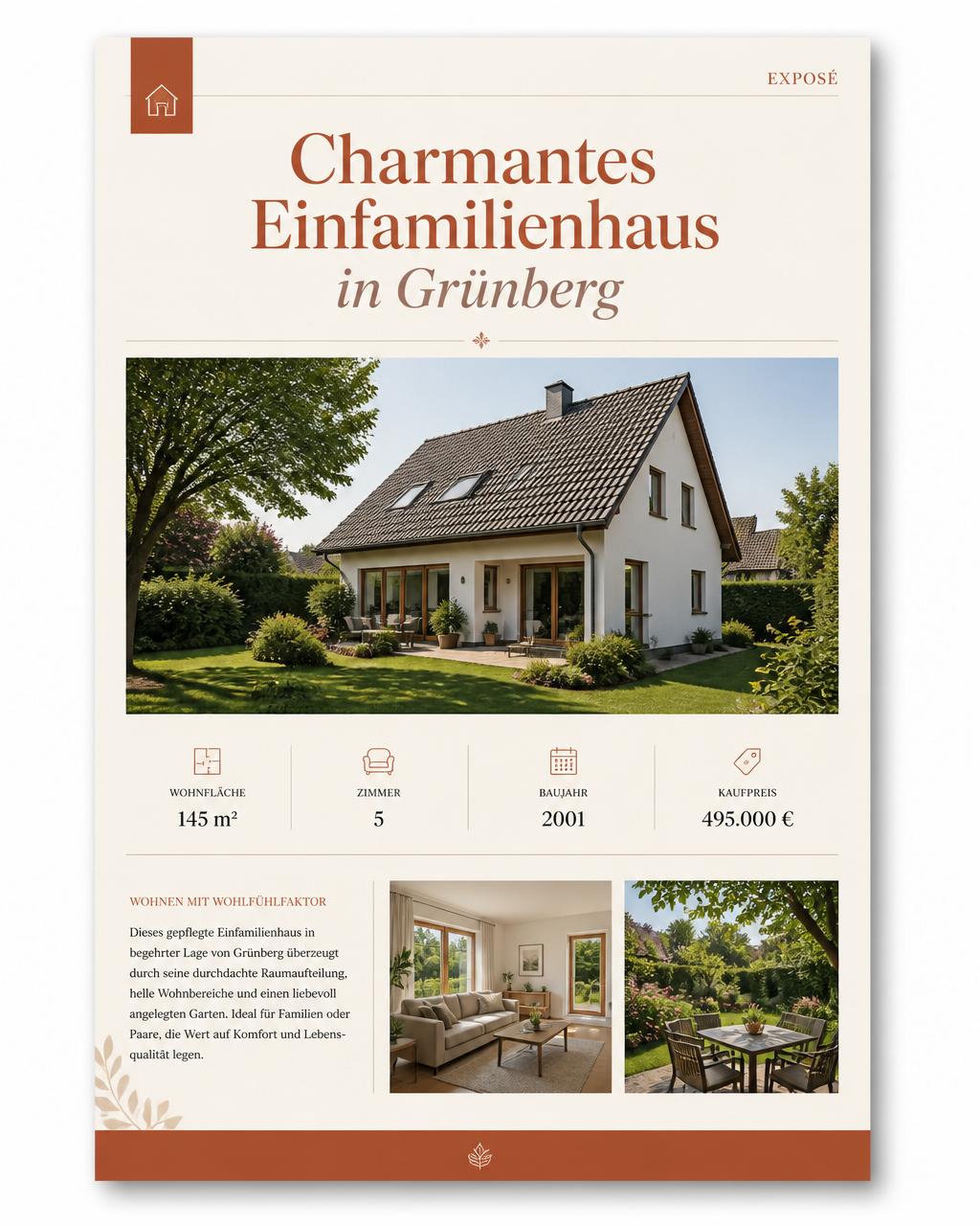 Beispiel-Exposé mit Titelbild, Kennzahlen und Beschreibungstext